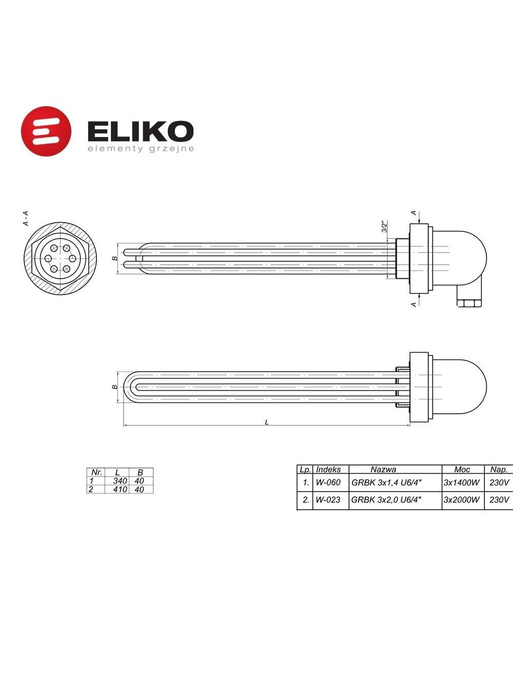 4,2 kW, 230V / 400V Eliko nikeliuotas elektrinis tenas be termostato W060 1