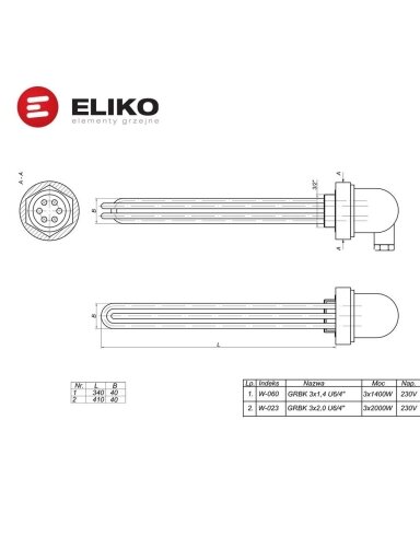 4,2 kW, 230V / 400V Eliko nikeliuotas elektrinis tenas be termostato W060
